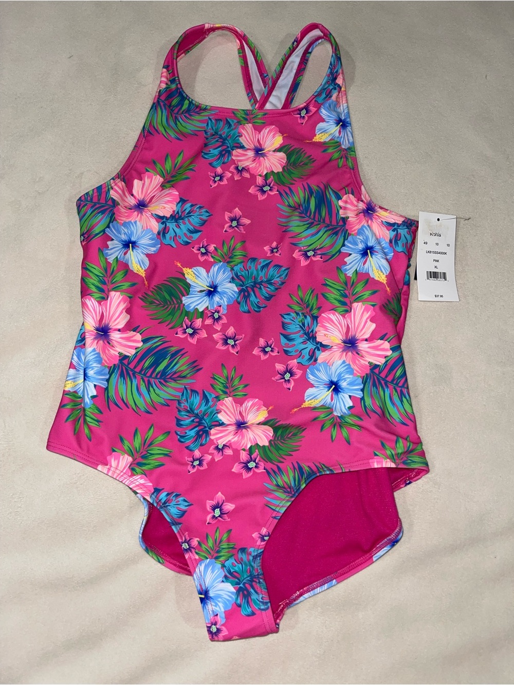 Lands' End Girls' Bright Pink Tropical Floral One-Piece Swimsuit